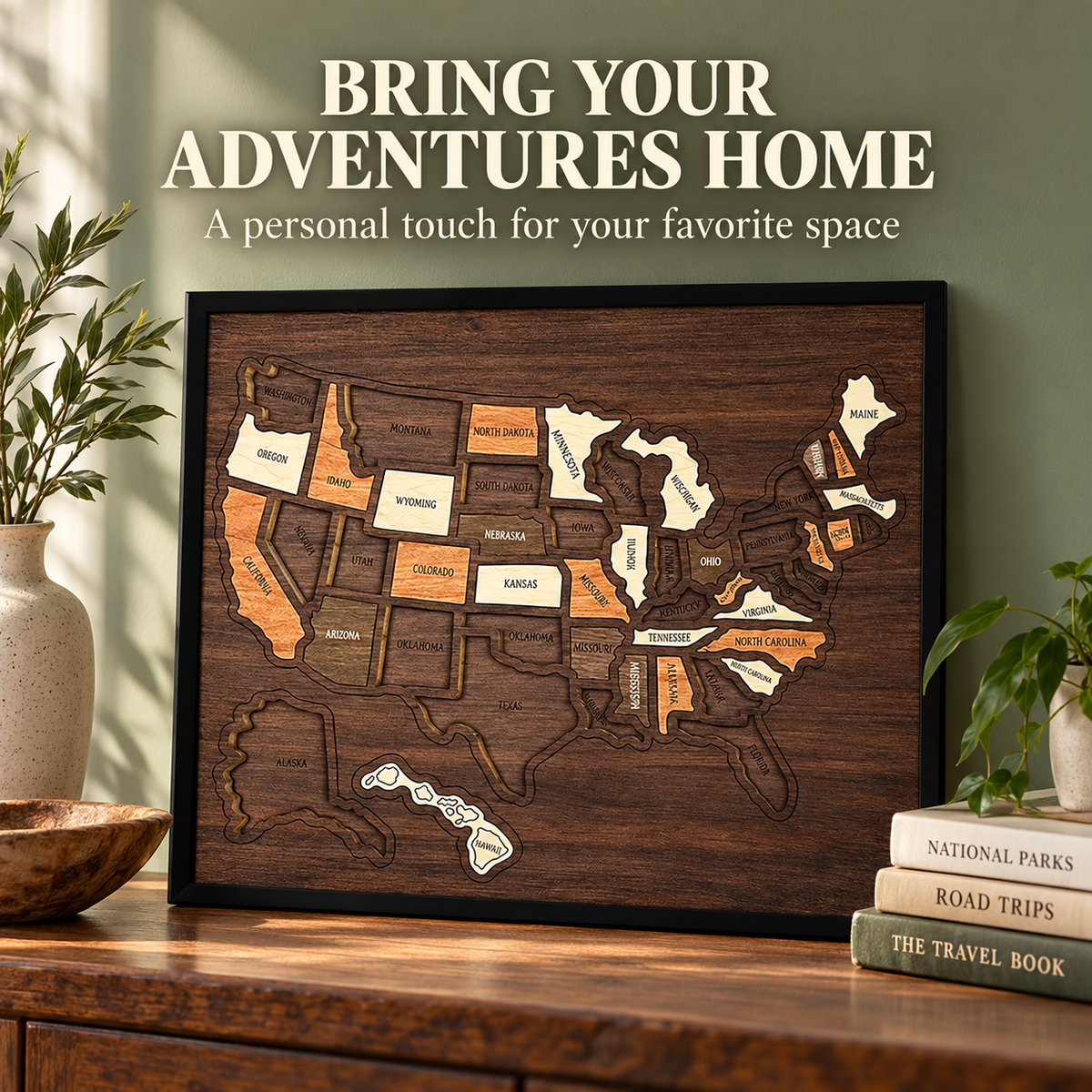 Wooden USA travel map displayed in a warm home interior