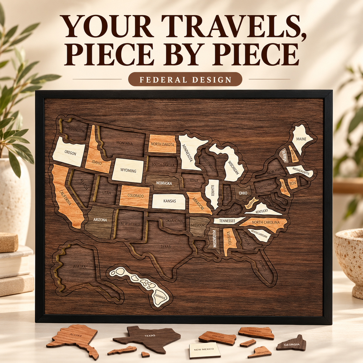 Federal wooden USA travel map puzzle on a cream display surface