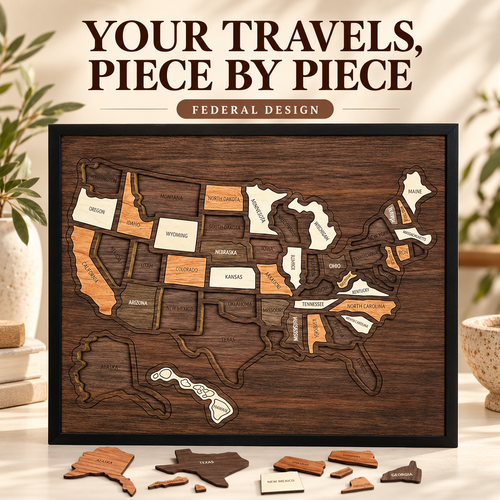 Federal wooden USA travel map puzzle on a cream display surface