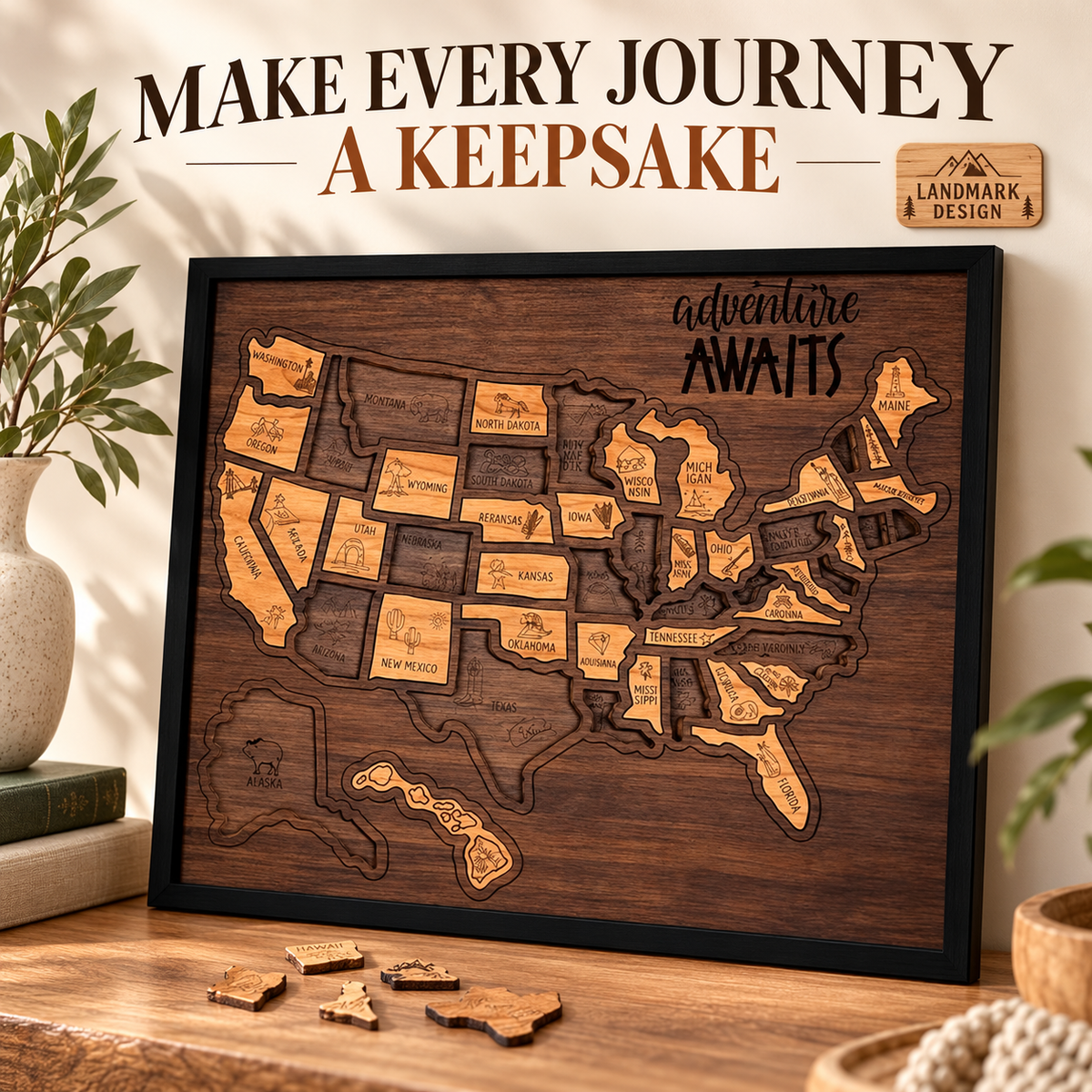Landmark wooden USA travel map puzzle with Adventure Awaits board artwork