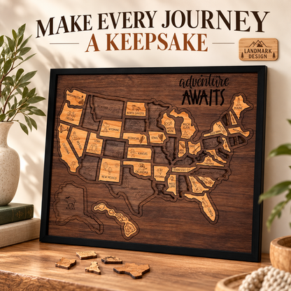 Landmark wooden USA travel map puzzle with Adventure Awaits board artwork