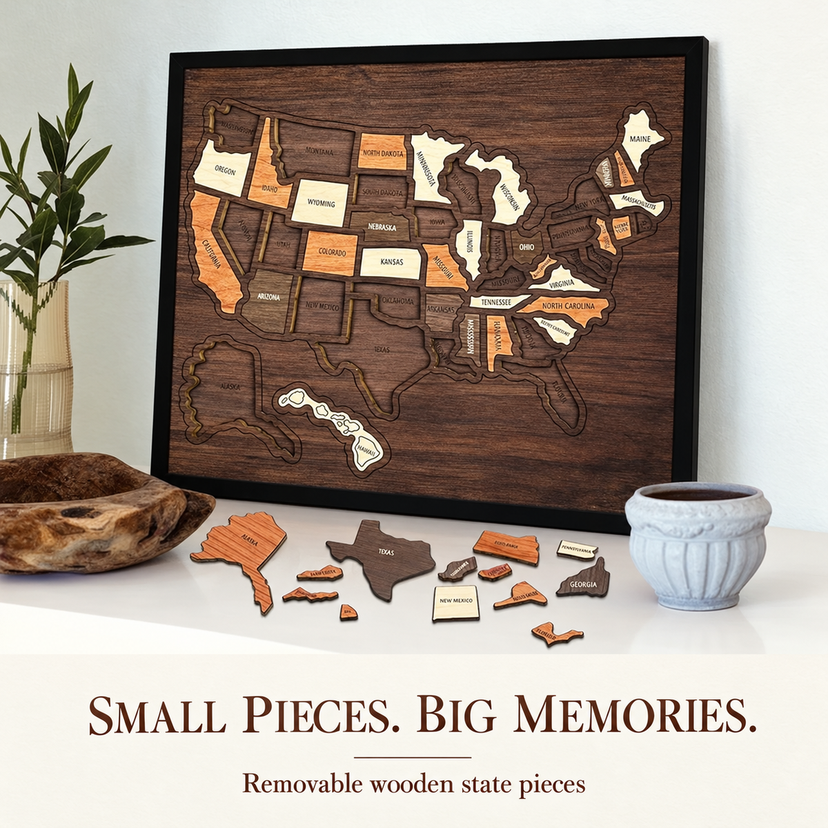 Close-up of the wooden map and its removable state pieces