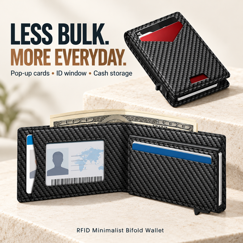 Carbon finish bifold pop-up wallet with exterior card pocket and open ID and cash compartments