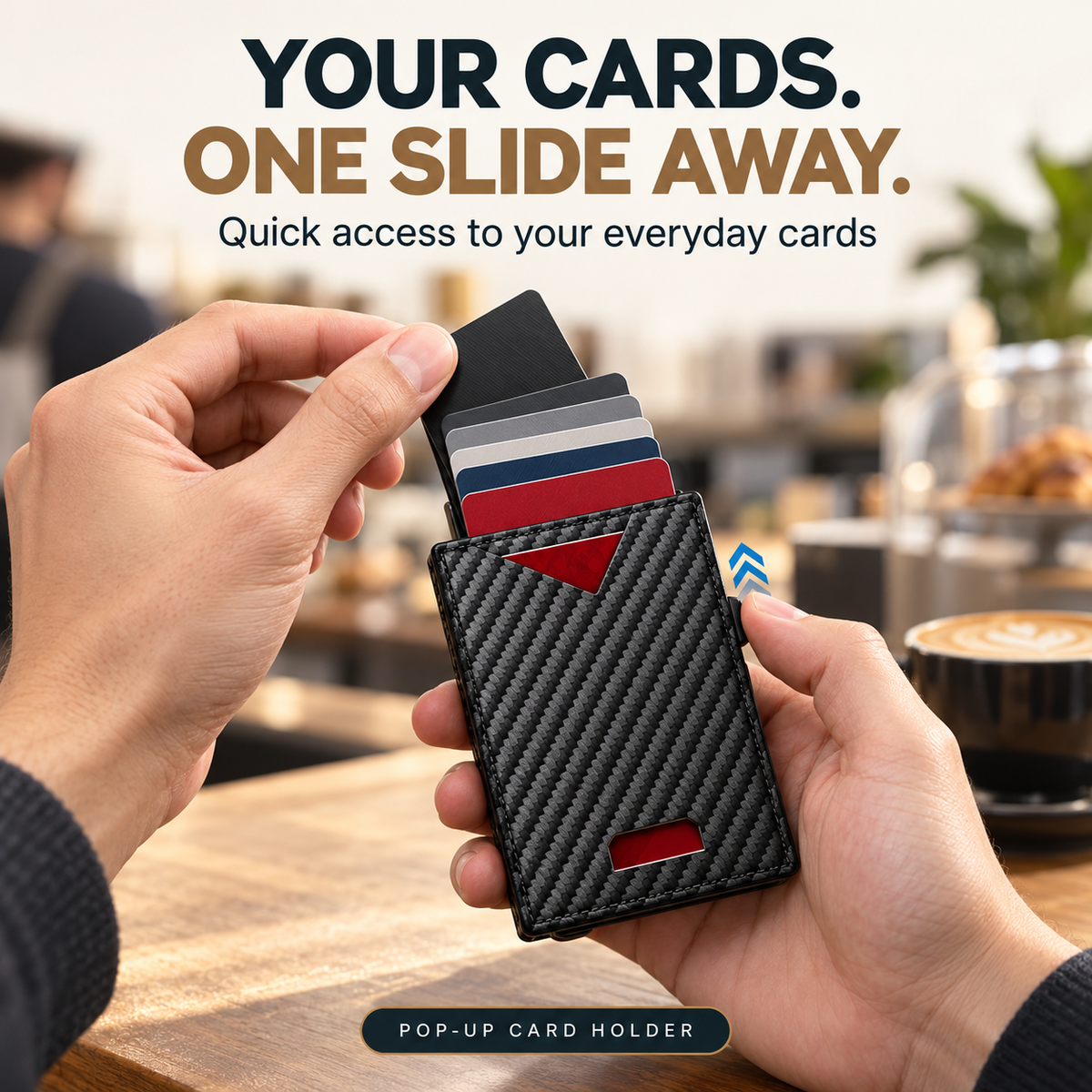 Hand sliding the Carbon wallet side control to access a staggered fan of cards