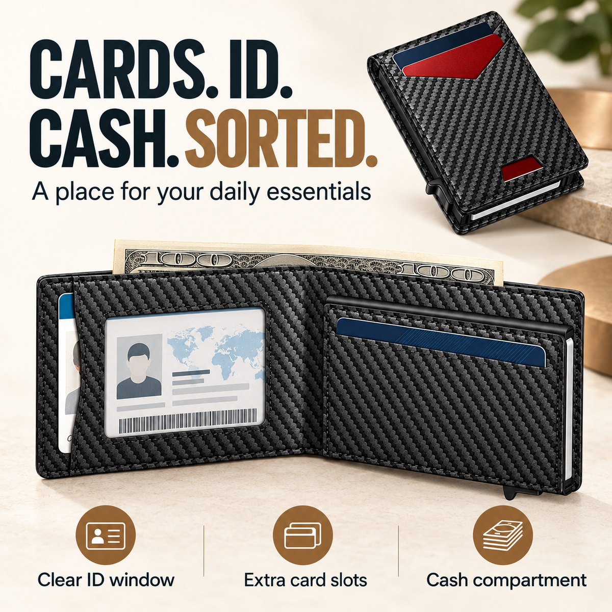 Open Carbon wallet showing clear ID window, everyday card slots and cash compartment