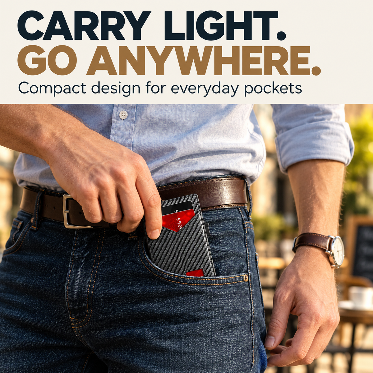 Compact Carbon wallet being slipped into the front pocket of dark jeans