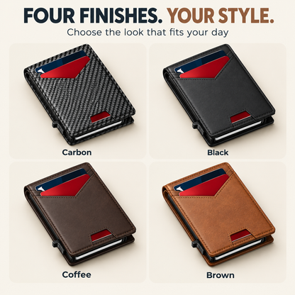 Four wallet finishes clearly labeled Carbon, Black, Coffee and Brown
