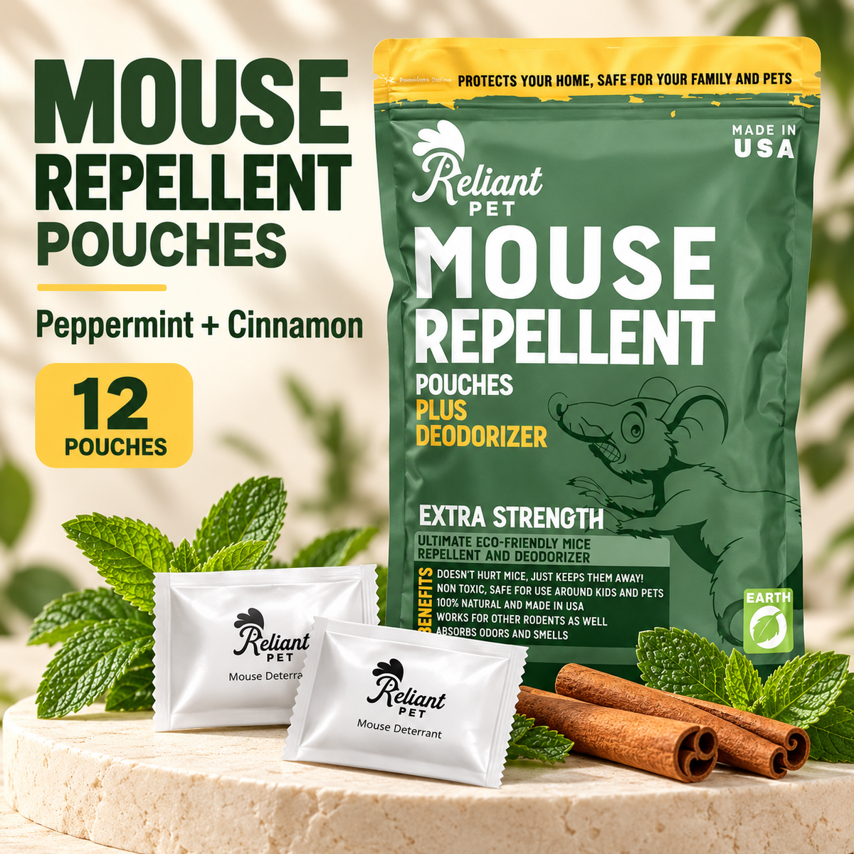 Reliant Pet mouse repellent pouches, 12-pack product presentation
