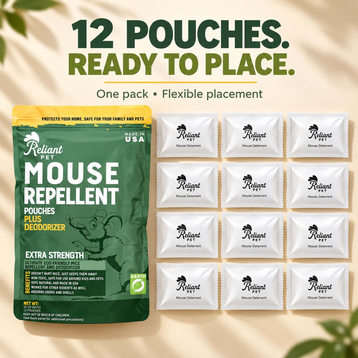 Twelve white Reliant Pet pouches included in one retail pack