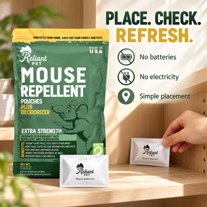 Non-electrical mouse deterrent pouches with simple placement