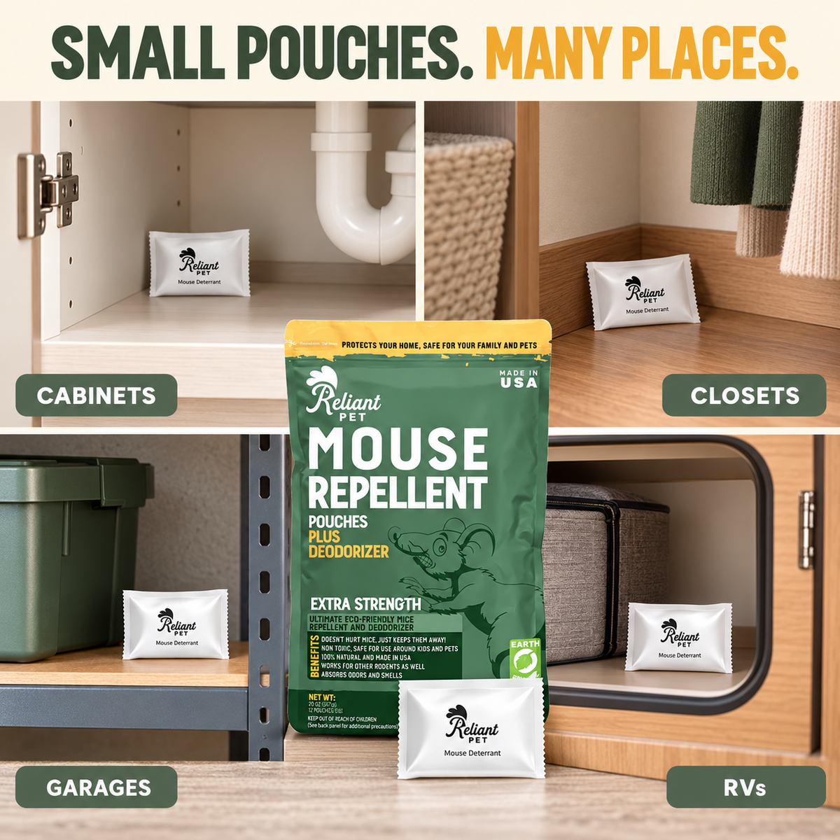 Suggested placement areas: cabinets, closets, garages and RVs