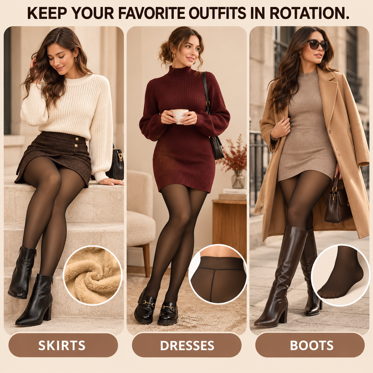 OEAK fleece-lined tights skirts dresses and boots outfit inspiration