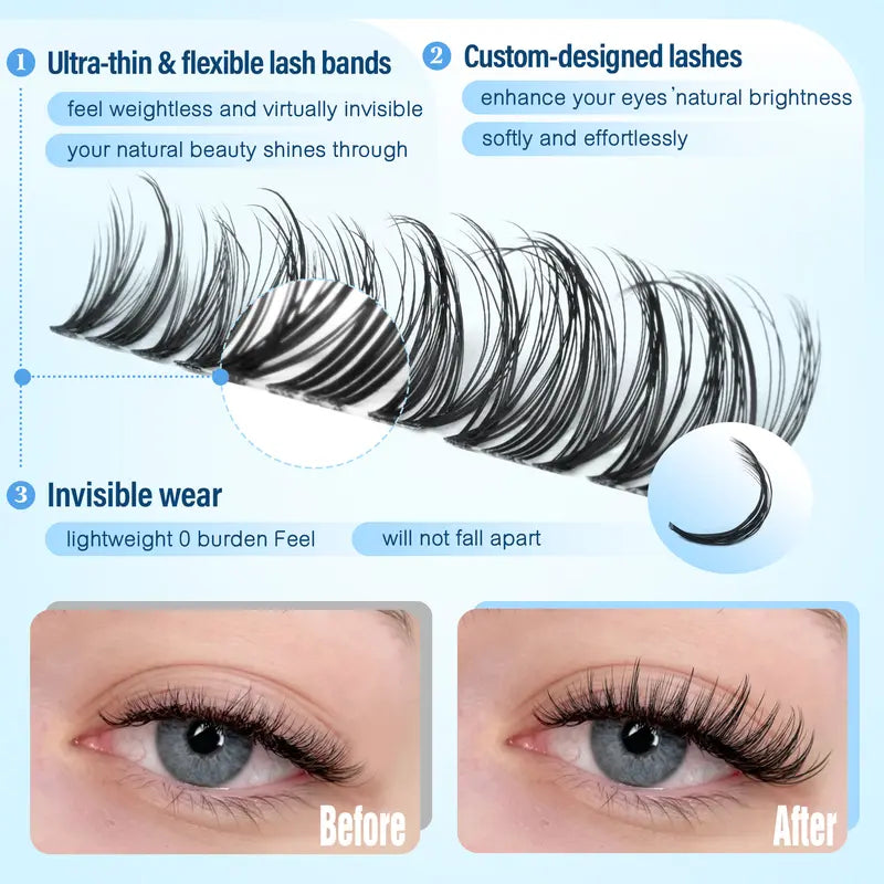 Pawotence 0.03mm Nature Lash Clusters - D Curl Spider Lashes for Adults, Comfortable Super Soft Thin Band, Long Lasting Dramatic DIY Extensions for Clean Makeup Beginners