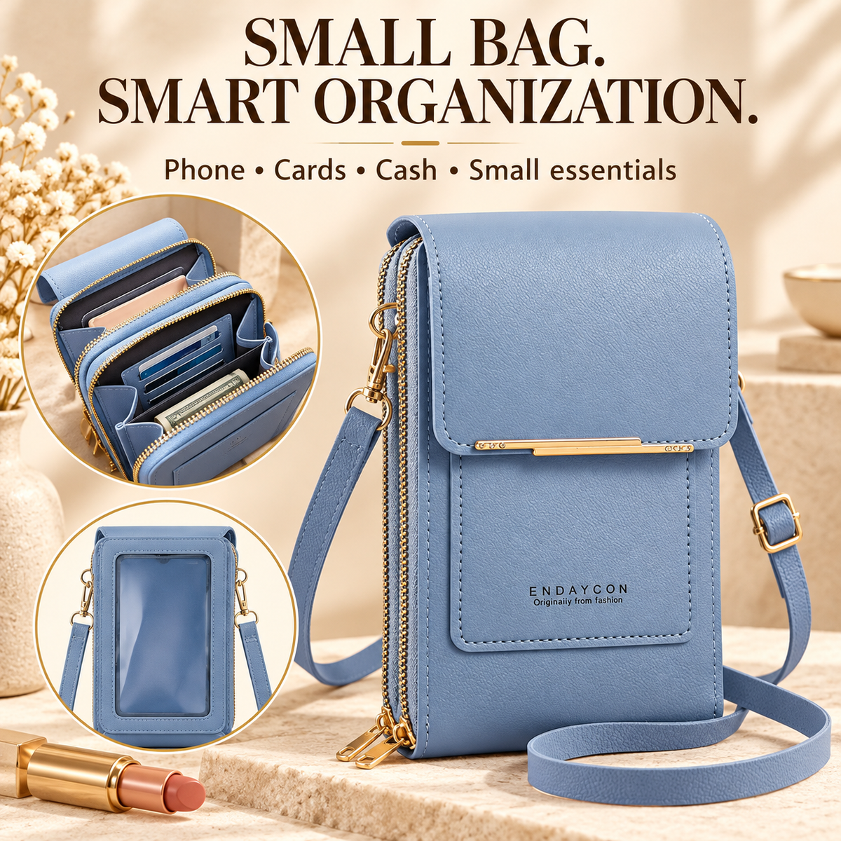 Touchscreen phone bag compartments and card slots