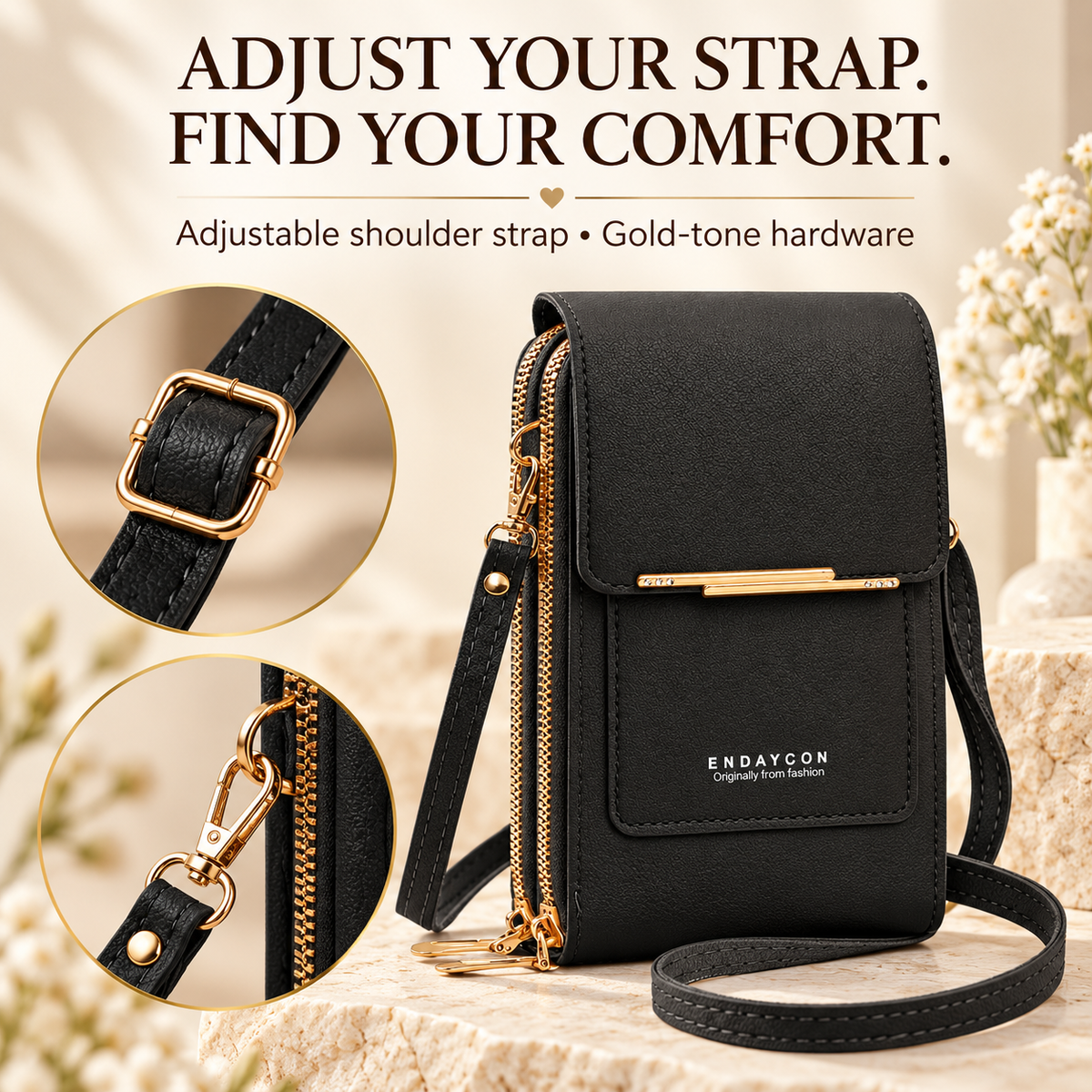 Touchscreen phone bag adjustable strap and gold-tone hardware