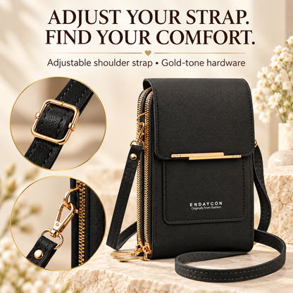 Touchscreen phone bag adjustable strap and gold-tone hardware