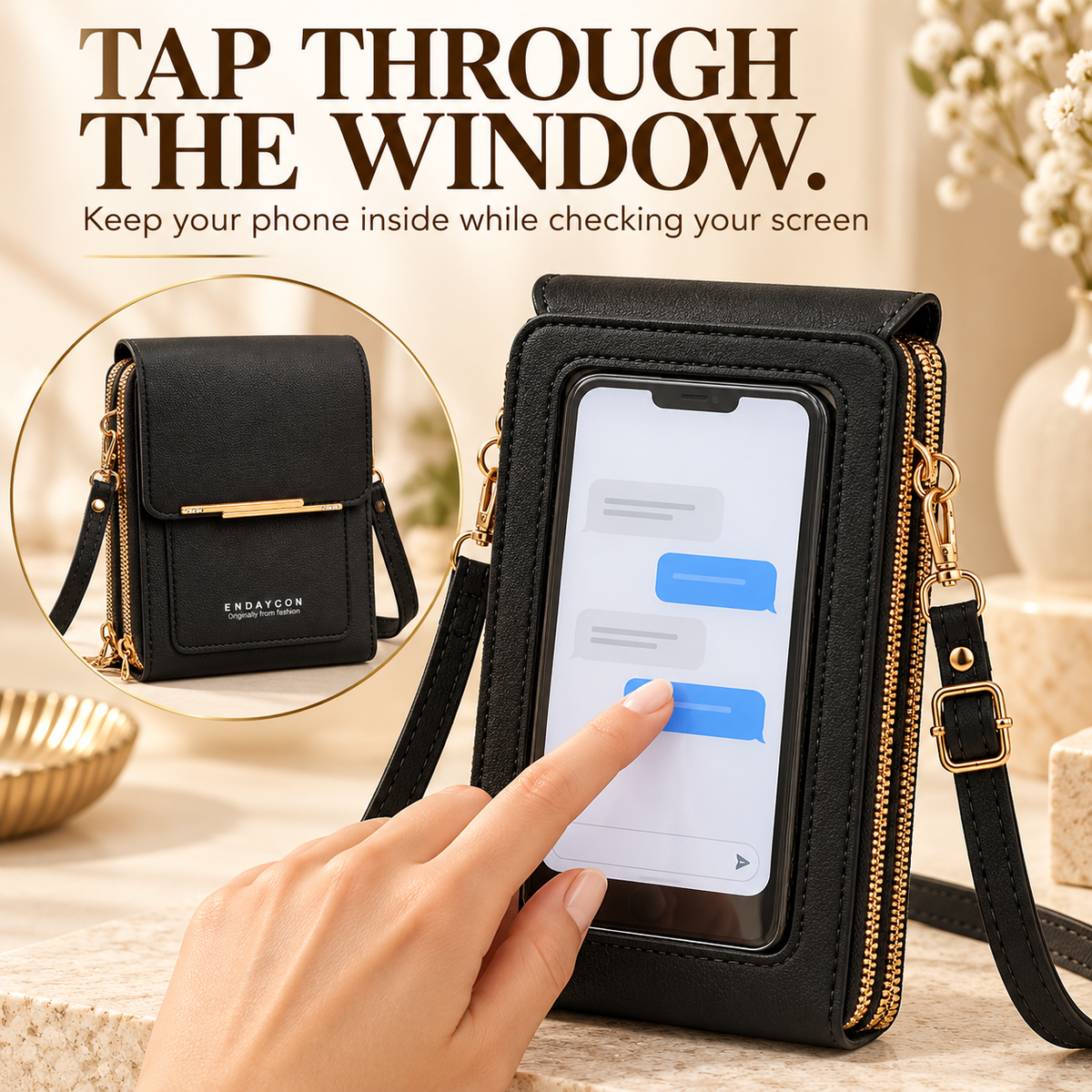 Touchscreen phone bag transparent phone window in use