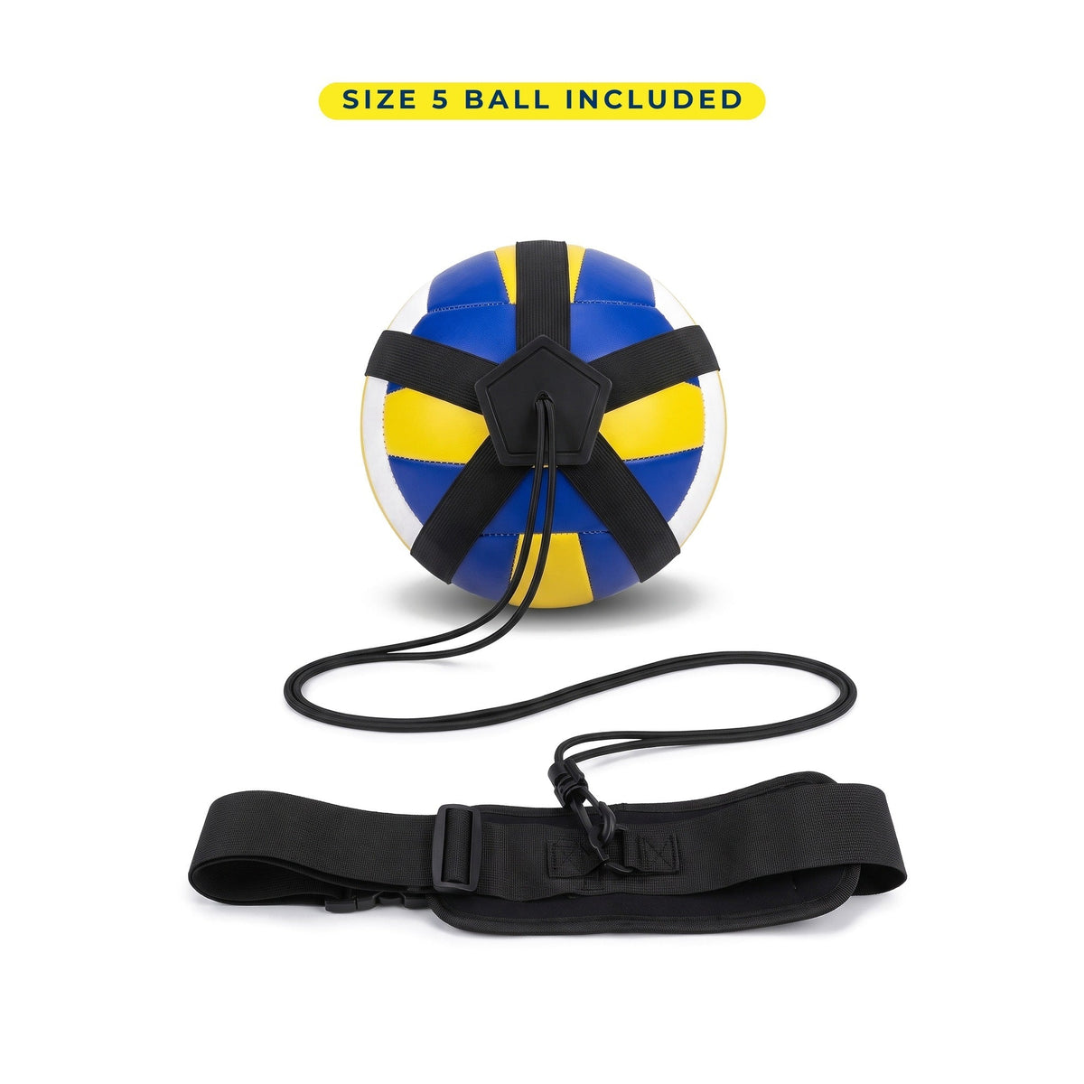 TrainerOne Kit + Ball: a volleyball in the five-strap holder with the black elastic cord and adjustable belt