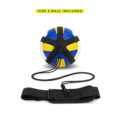 TrainerOne Kit + Ball: a volleyball in the five-strap holder with the black elastic cord and adjustable belt