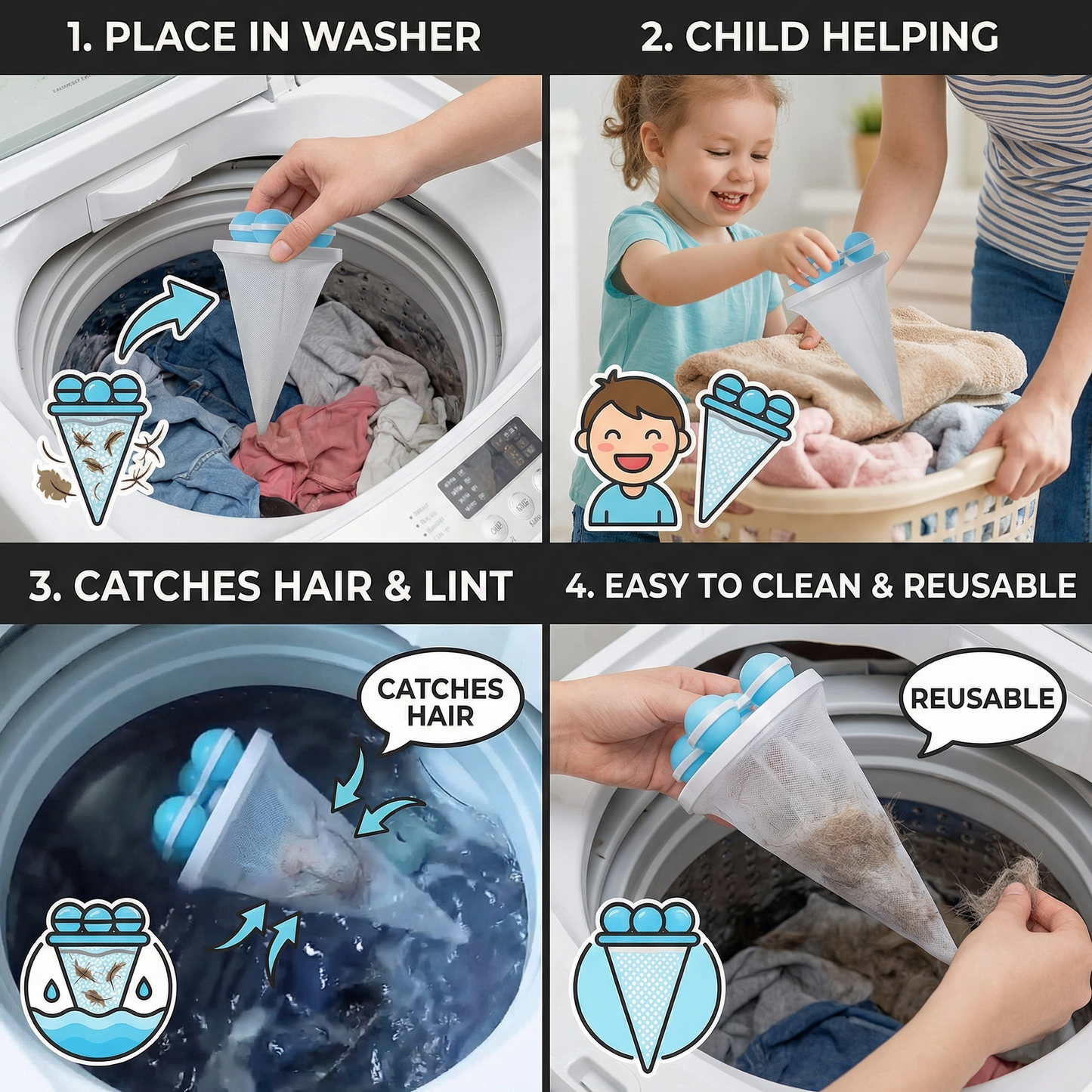 🧼3 Counts Washing Machine Filter Bag, Reusable Floating Hair Filter for Laundry