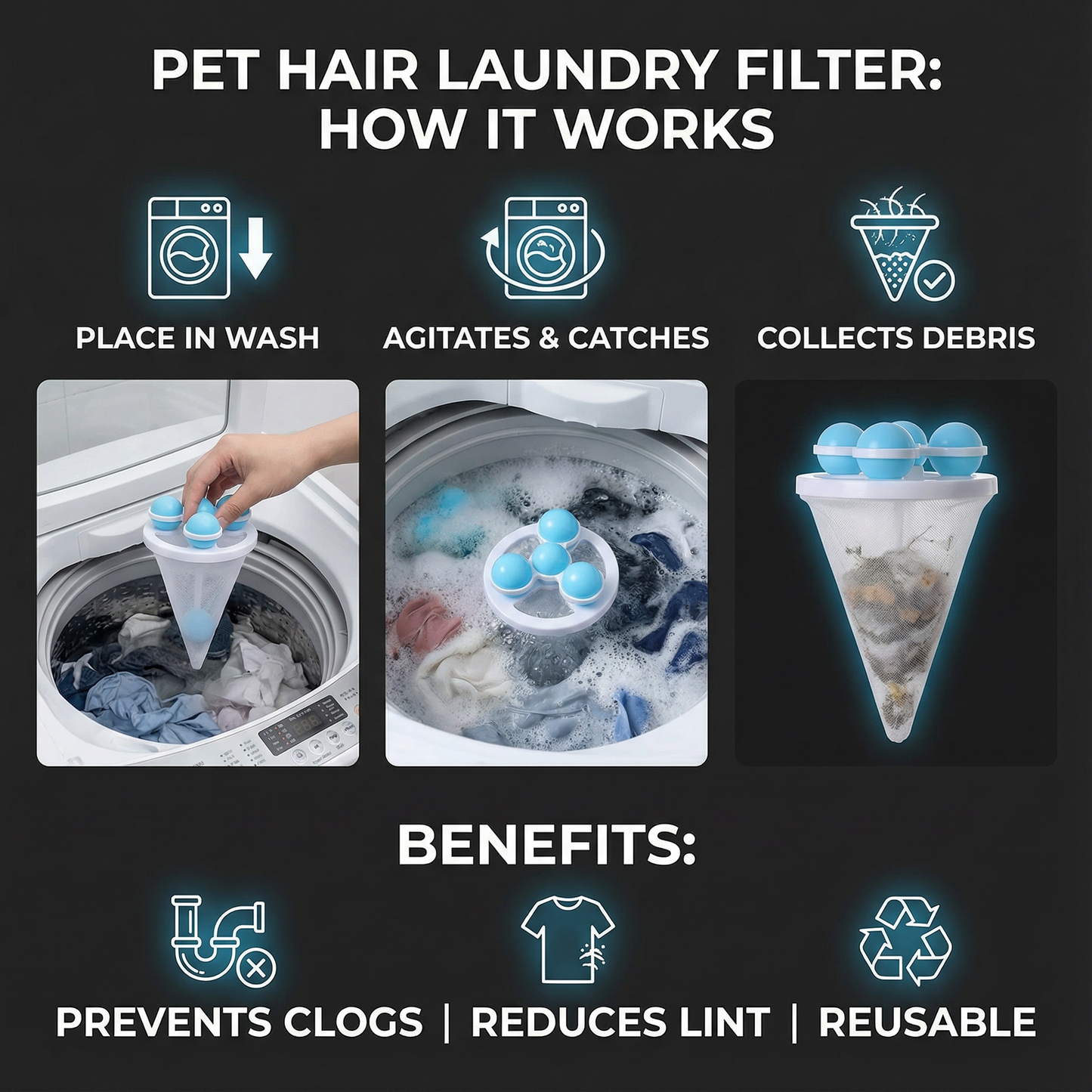 🧼3 Counts Washing Machine Filter Bag, Reusable Floating Hair Filter for Laundry