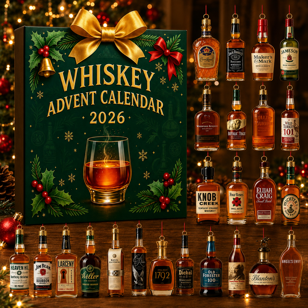 Whiskey-themed advent calendar with miniature decorative bottle ornaments