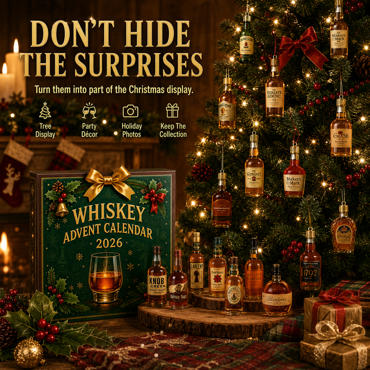 Whiskey-themed advent calendar with miniature decorative bottle ornaments